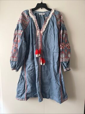 Frame Denim Light Blue Embroidered Dress with Red Tassels